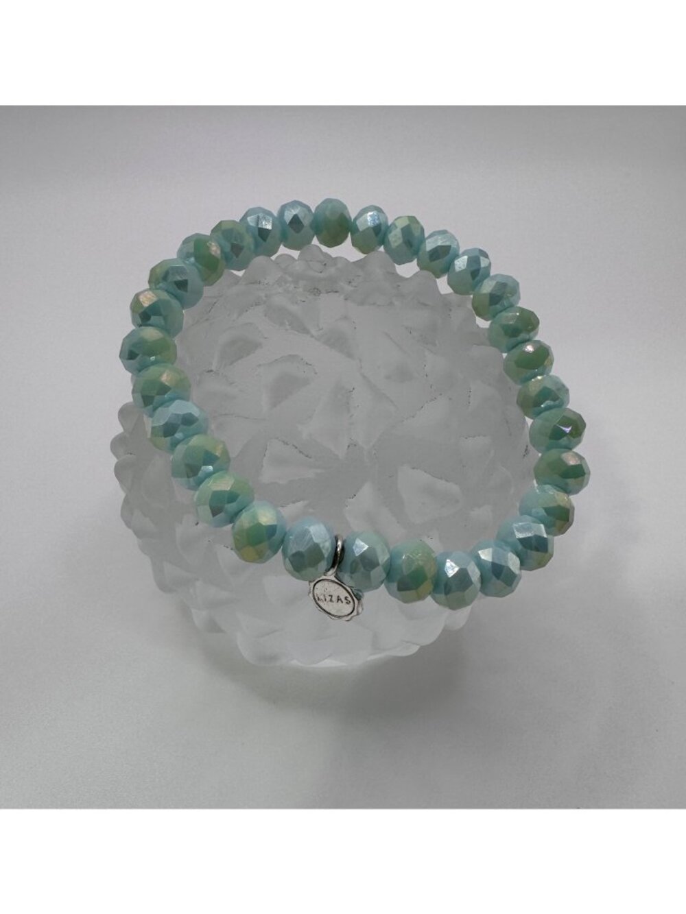 Lizas Light Blue AB Faceted Glass Bead Stretch Bracelet 7.5mm Signed